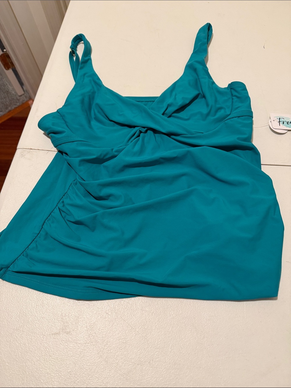 NWT Teal Ruched Tankini Top Twist VNeck Underwire Remo Pads Adjustable Straps XL - Picture 2 of 11